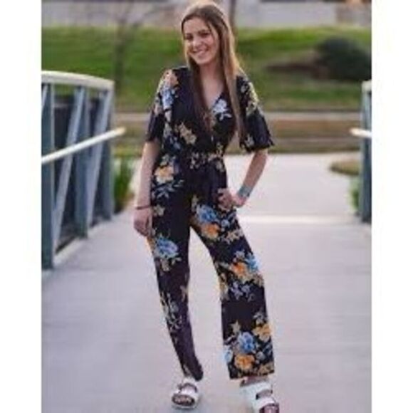 Ban Of Gypsies Size M Wide Leg Floral Jumpsuit Dark Blue Western Wedding Guest - Picture 2 of 10